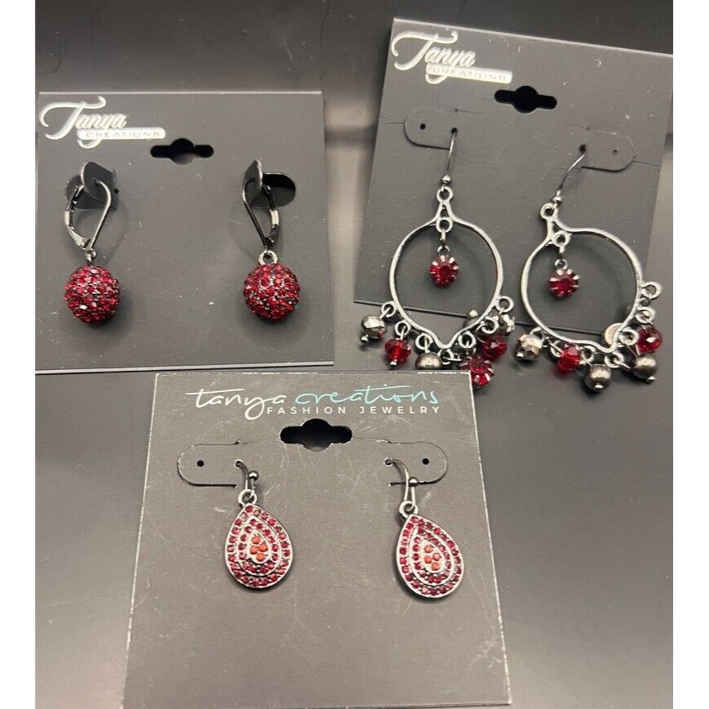 Lot of 3 Pair Tanya Creations Earrings Red Crystal Dangles & Hoops NOS Nordstrom
